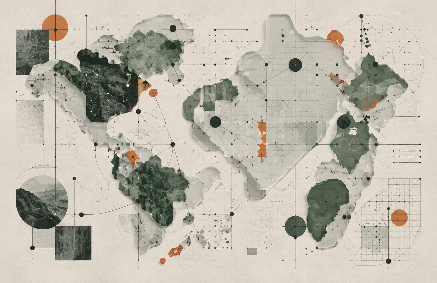 An abstract connected territory made from translucent map fragments