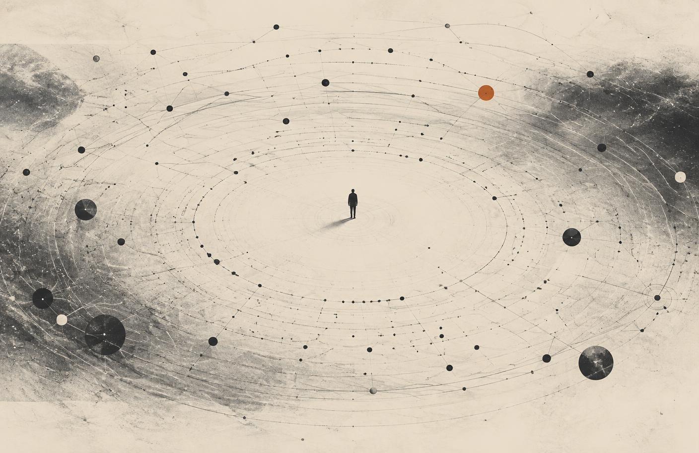 A lone figure within a wide field of global connection lines